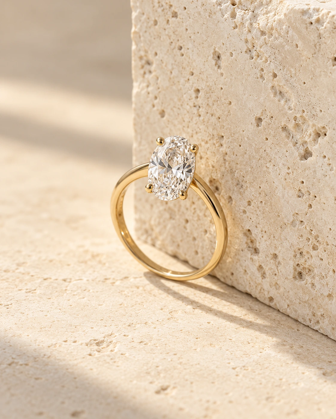 Anillo solitario Lumière en oro amarillo con diamante oval, sobre piedra clara